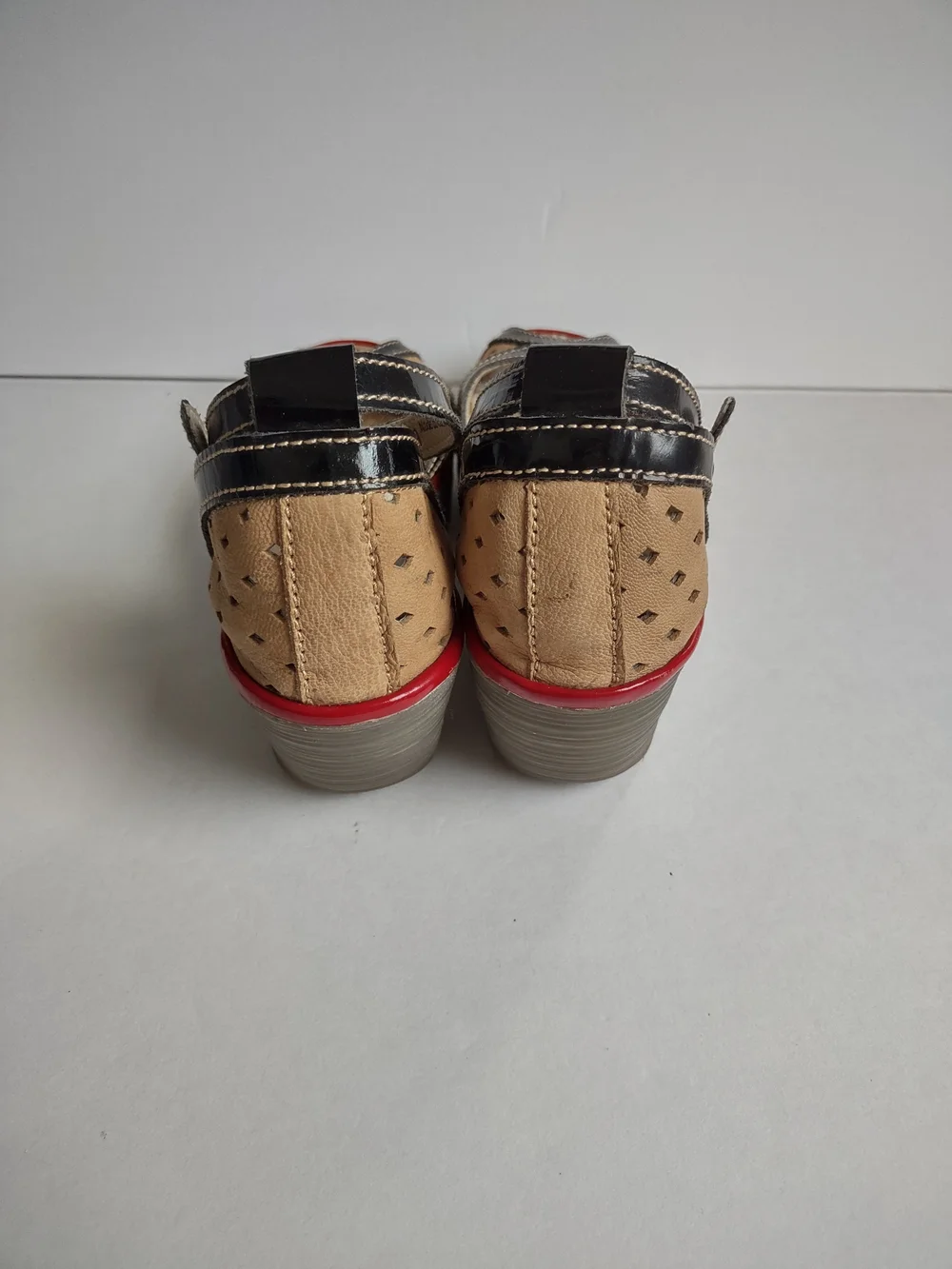 Fly London Tan and Black Wedge Sandals with Red Trim